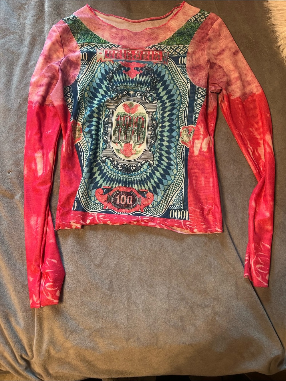 SHEIN Red Pink Tie-Dye Long Sleeve Graphic Crop Top